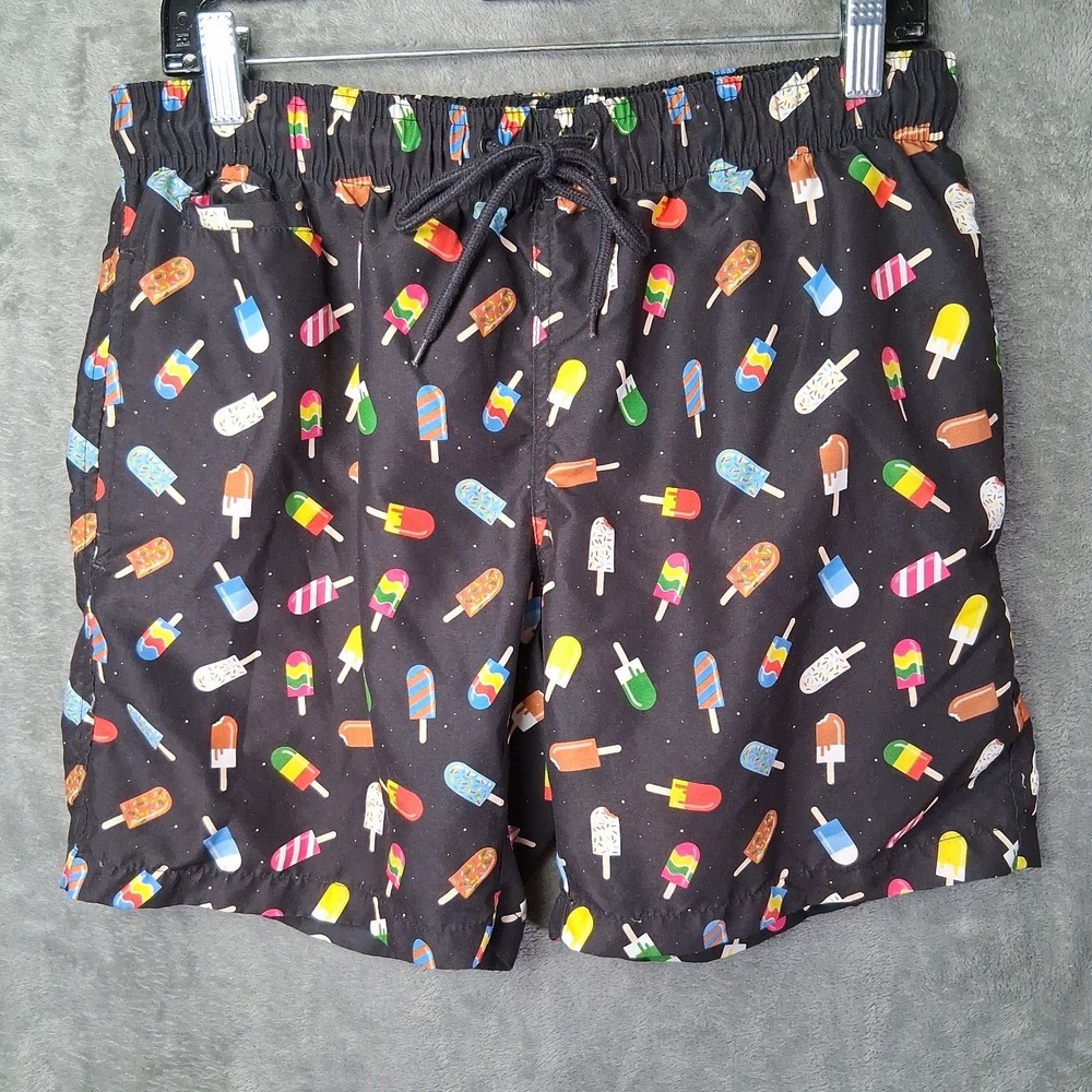 Free Planet Surf Y Swim Trunks Mens Medium Black Popsicle AOP Lined Drawstring